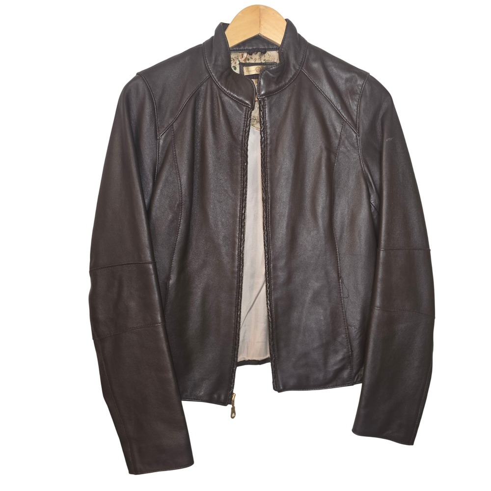 Wilsons Leather Moto Jacket Women Medium Brown Genuine Leather Floral Lining